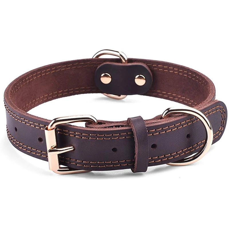 Genuine Leather Dog Collar – Heavy Duty Double D-Ring for Medium & Large Dogs