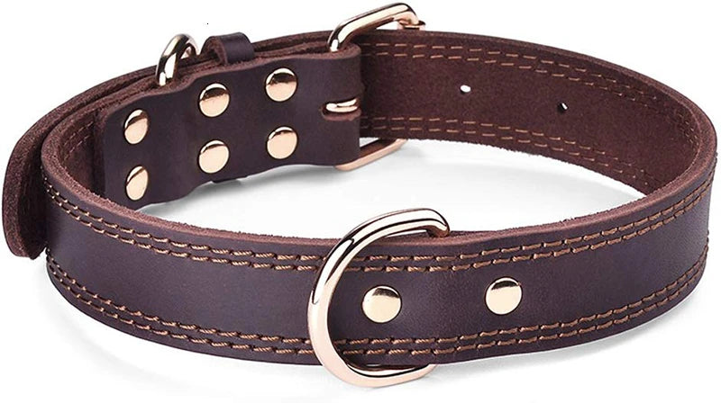 Genuine Leather Dog Collar – Heavy Duty Double D-Ring for Medium & Large Dogs