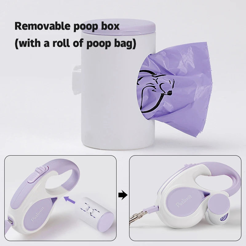 Retractable Dog Leash with Poop Bag Holder, 3m/5m Tangle-Free Tape Lead for Small & Medium Dogs