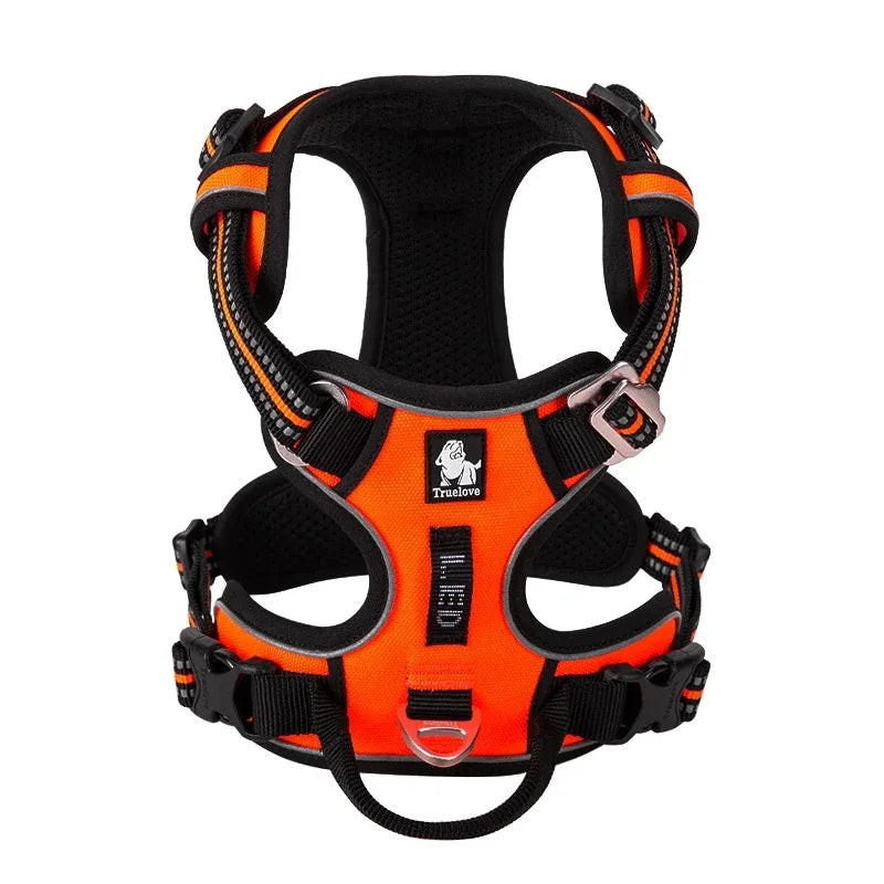 Orange and black dog harness on a white background