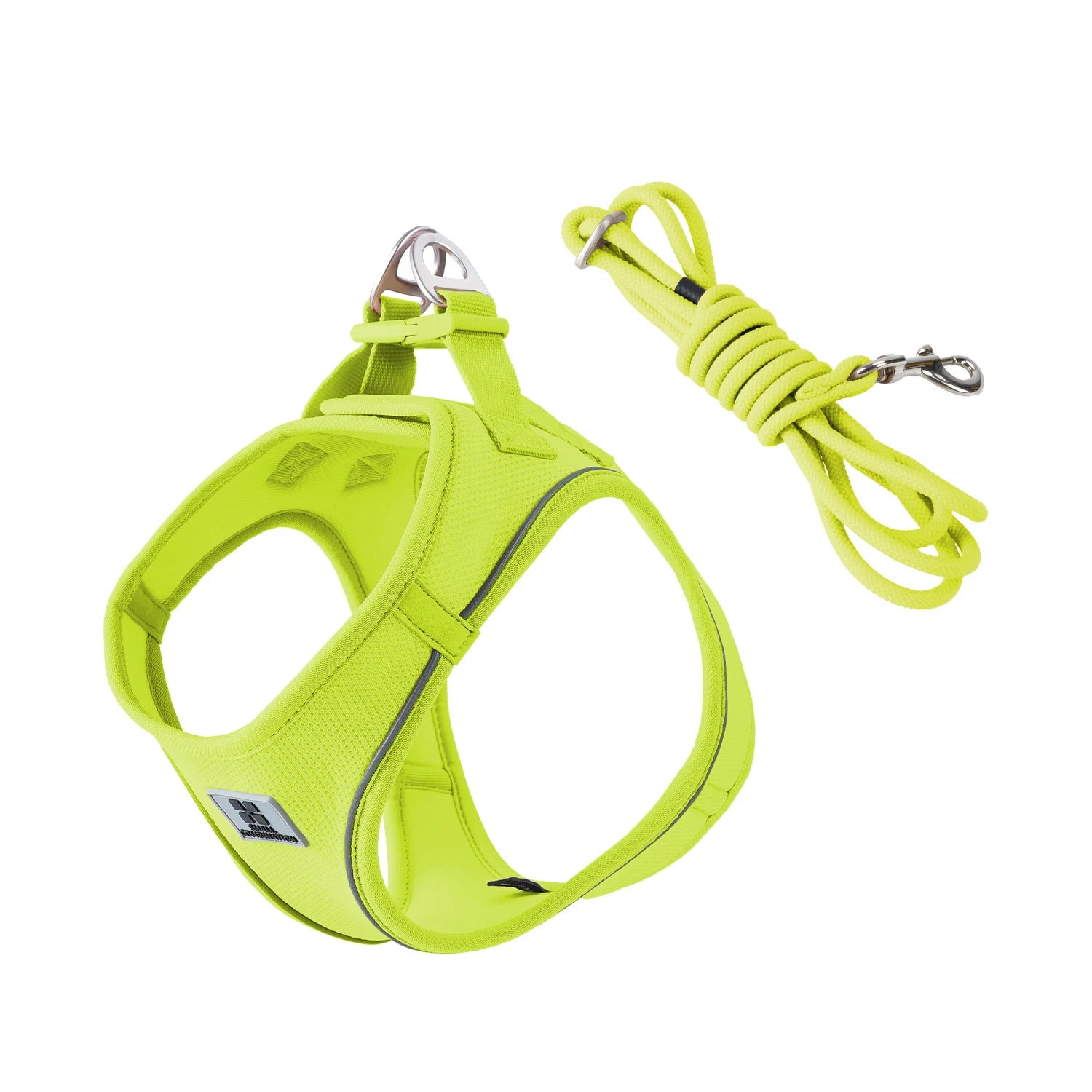 Neon green dog harness and leash set on a white background