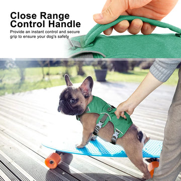 Dog wearing a green No Pull Reflective Dog Harness with a close-range control handle, used to ensure safety.
