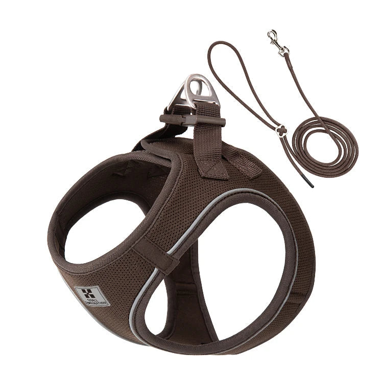 Brown dog harness and leash set on a white background