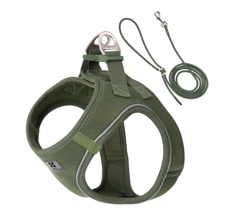 Moss green dog harness and leash set on a white background