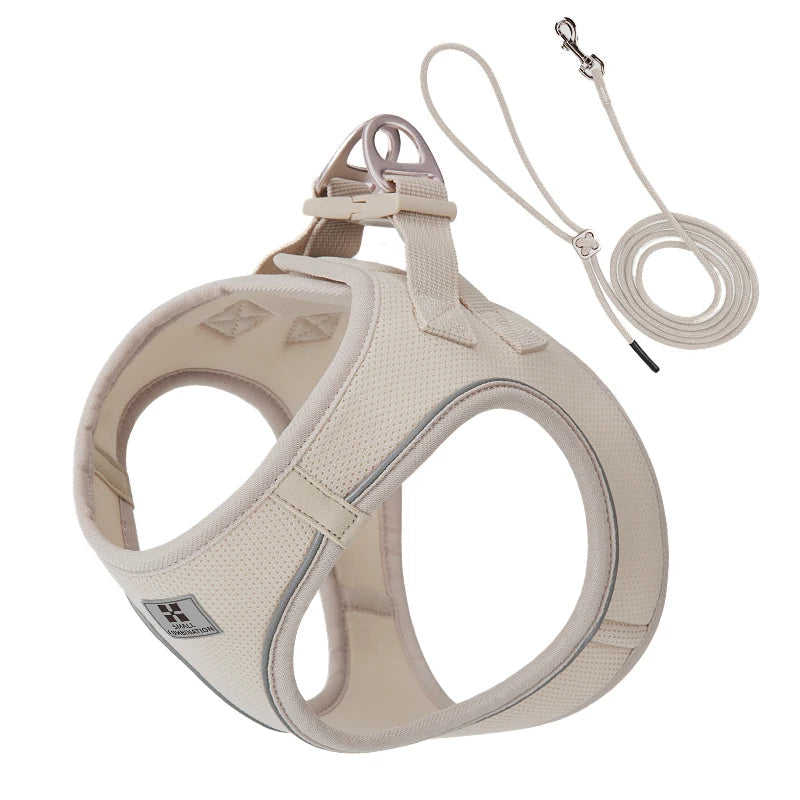 Beige dog harness and leash set on a white background with a brand logo.