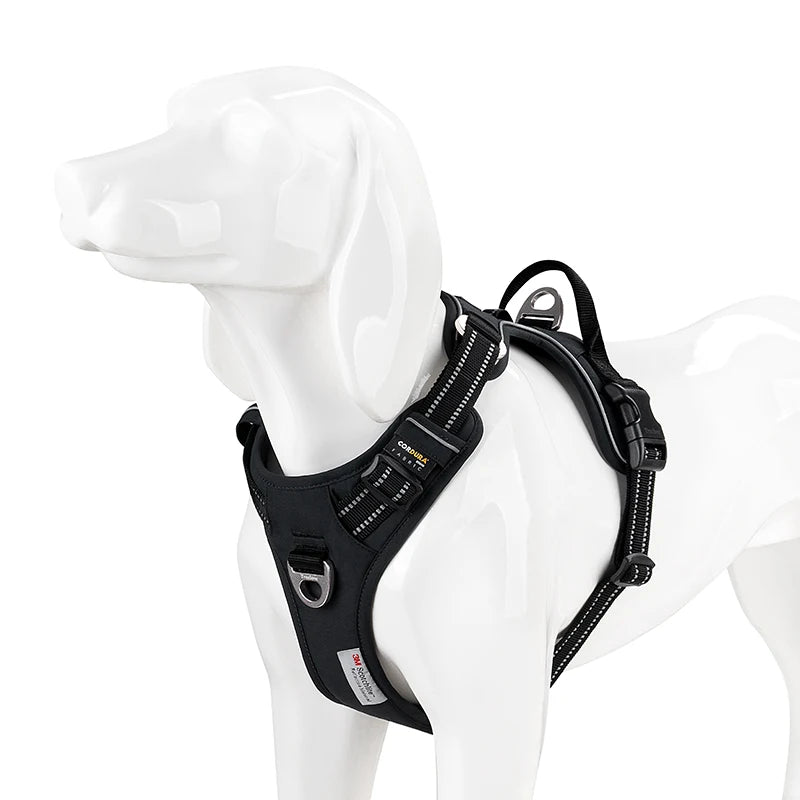 Black dog harness on a mannequin with a white background