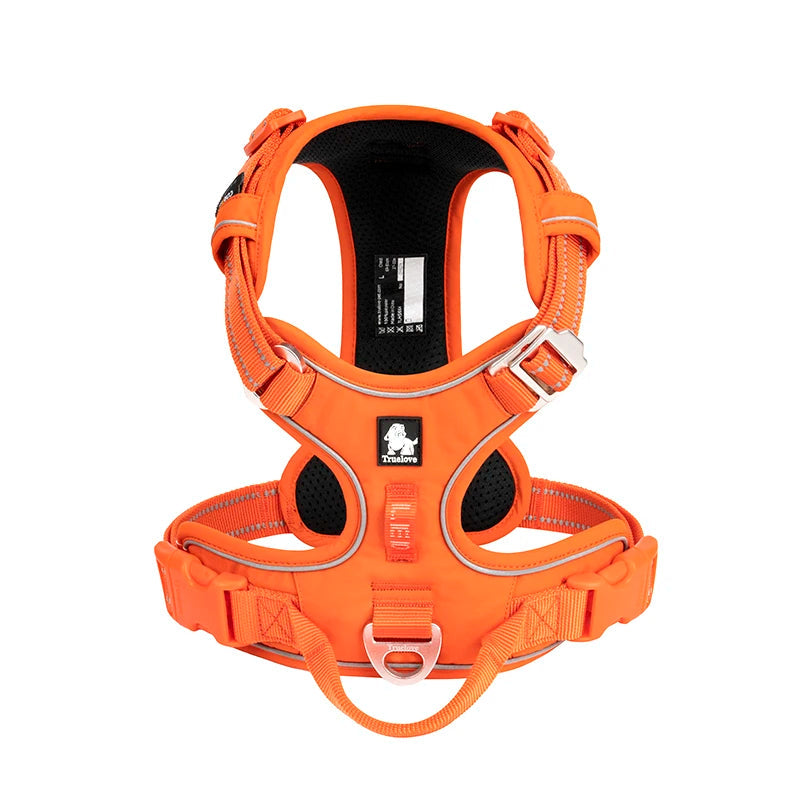 Orange dog harness with reflective stripes on a white background