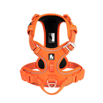 Orange dog harness with reflective stripes on a white background