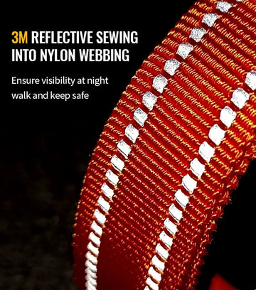 Close-up of red nylon webbing with reflective material, highlighting safety feature.