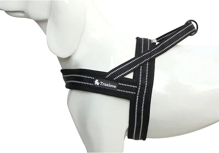 Black harness with 'Truelove' branding on a mannequin form against a white background