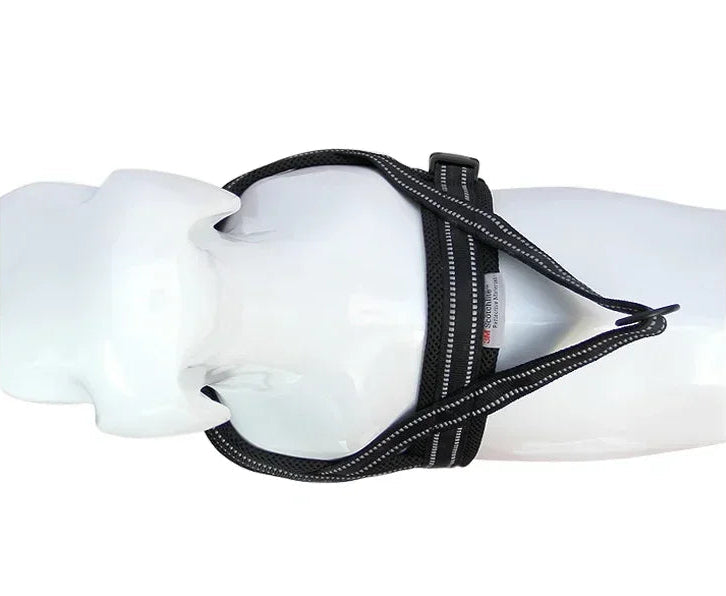 Black dog harness on a mannequin with a white background