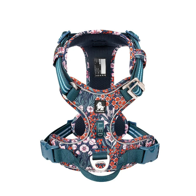 Floral-patterned dog harness on a white background