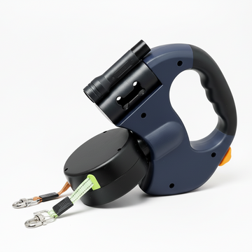 Dark blue retractable leash with carabiner visible